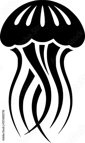 Black jellyfish silhouette on white background, an ocean creature design
