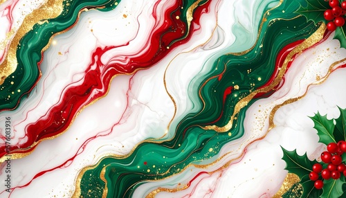 Christmas Marble Vector Background – Red, Green & Gold Veins with Festive Sparkle