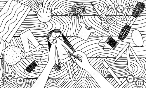 Doll making vector hand drawn sketch. Hands sew a doll on wooden table sketch