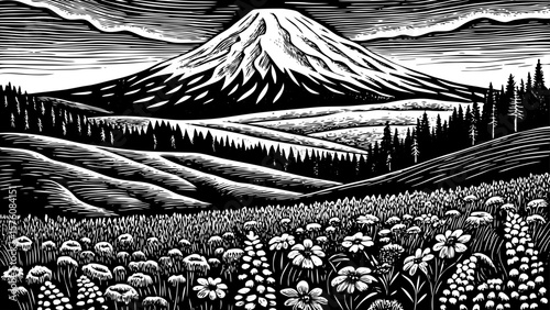 Mount Rainier, a snowy stratovolcano in Washington, surrounded by wildflower meadows, drawn in black and white line art illustration ideal for USA national park visuals and nature branding