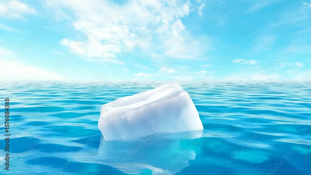 White iceberg drifting in bright blue ocean waters under clear sky with scattered clouds. Calm seascape with smooth water surface and distant horizon.