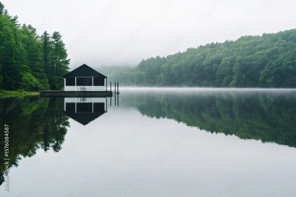 Fototapeta premium Tranquil morning mist gently blankets a serene lake, mirroring a picturesque boathouse and lush forest
