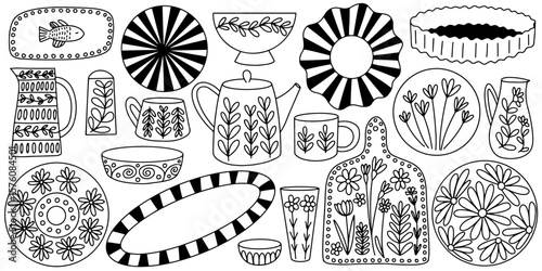 Hand drawn ceramic kitchen utensils vector set. Jug, bowl, plate, teapot, cup, cutting board with beautiful ornament and flowers