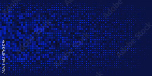 Dark background with blue pixel pattern. Vector illustration of abstract bg with geometric square elements grid. digital backdrop with dissolve rectangle dot particle mosaic gradient texture.