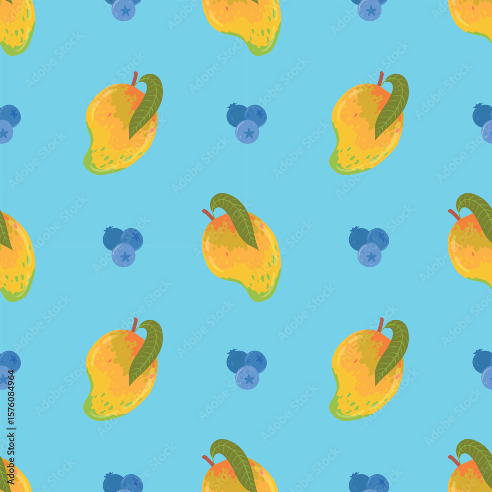 Obraz premium mango, papaya, blueberry, pineapple. Vector seamless pattern with fruits in flat style. Cute illustration of food, nutrition, tropical fruits