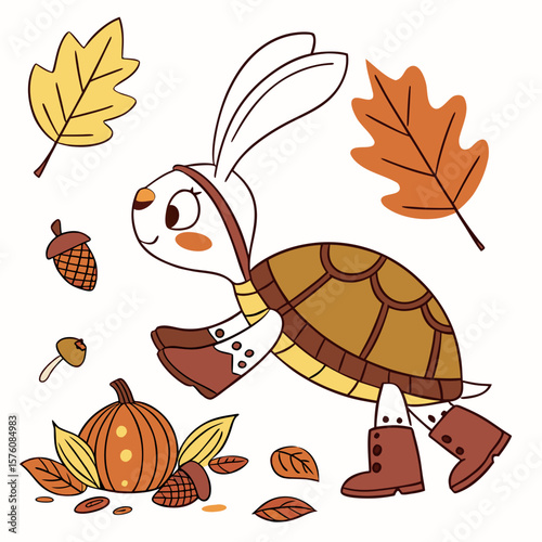Autumn Leaves themed SVG: Bashful Swimming turtle with wearing bunny slippers in a Autumn environment
