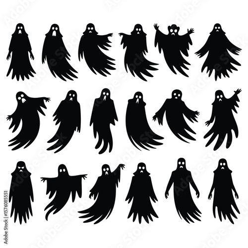 Black ghost silhouettes with varied expressions halloween