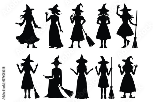 Black witch silhouettes with brooms halloween magic