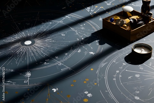 Modern astrology display featuring zodiac symbols and celestial charts.