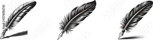 Silhouette feather pens icons set. Writing, vintage, calligraphy, ink vector illustration isolate on white background