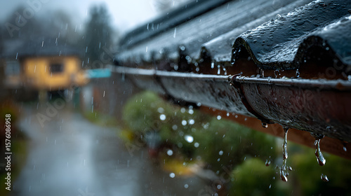 Leaking Roof Gutters, Rain Gutter Overflowing with Water on Roofing, Rainy Weather, Downpour and Extreme Weather Conditions