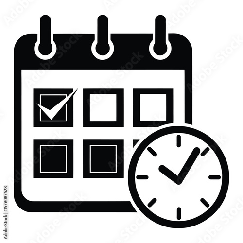Calendar and Clock Icon – Schedule, Appointment, and Time Management Symbol in Black Silhouette Style