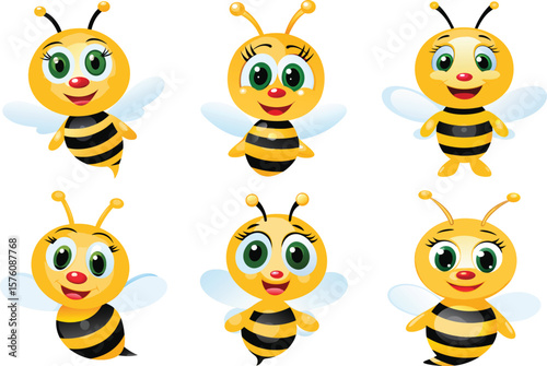 cute cartoon bees with big green eyes and smiling faces isolated on white