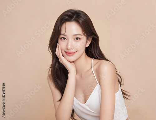 Asian beauty salon poster model with big wavy hair, one hand on the cheek, wearing a white halter dress, white background, skin care products, beauty salon poster model