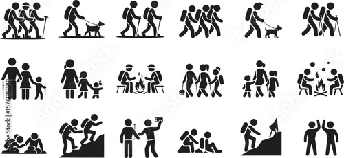 Silhouette hiking and outdoor icons set. Adventure, backpack, mountain, nature vector illustration isolate on white background