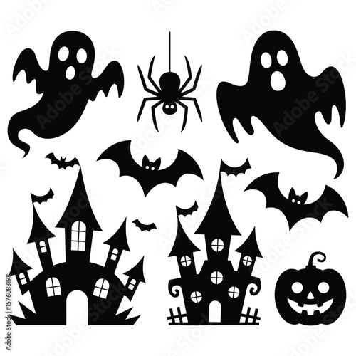 Halloween ghosts bats castles spider pumpkin vector