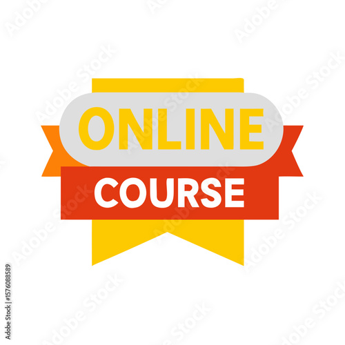 Online course badge with colorful ribbon design and text  