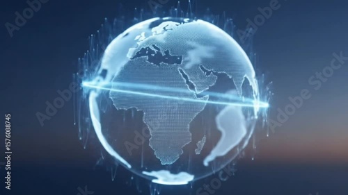 A glowing holographic globe spins with horizontal data lines around earth shape. Technology concept seamless looping 4k time-lapse animation video background