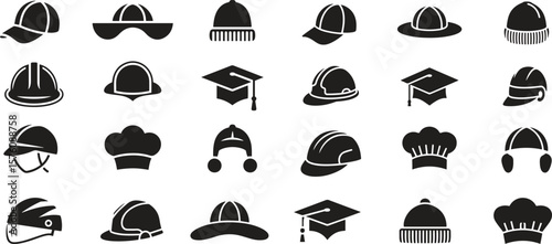 Silhouette headwear line icons set. Hat, cap, helmet, fashion. vector illustration