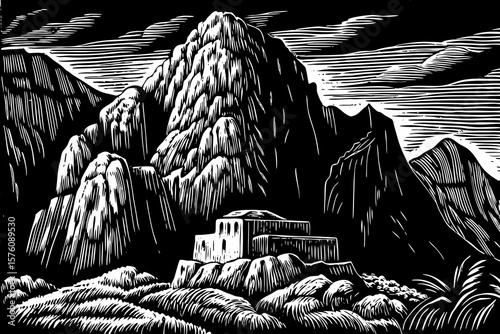 Mount Sinai, sacred biblical mountain with rocky terrain and religious significance, shown in spiritual black and white line art illustration for ancient history, faith-based art, and desert travel