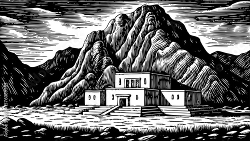 Mount Sinai, sacred biblical mountain with rocky terrain and religious significance, shown in spiritual black and white line art illustration for ancient history, faith-based art, and desert travel