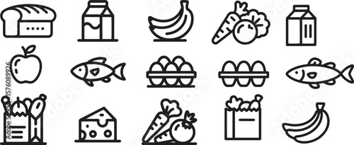Food and grocery thin line icons set. Market, shopping, fruits, delivery. vector illustration