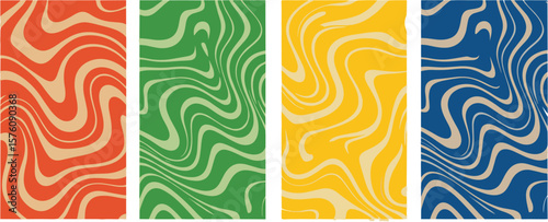Twisted lines, fluid, curved, wiggling stripes, waves vector backgrounds set. Liquid, chaotic retro ornaments, groovy hippie patterns collection. Doodle, uneven hand drawn wavy, organic winding lines