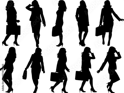 "Dynamic black silhouette illustrations of multiple women in office attire, some mid-stride with briefcases, others leaning against a wall or adjusting scarves. A mix of relaxed and active poses. Neut