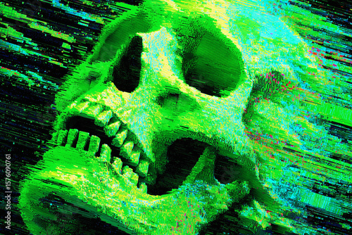 Glitch skull digital error with green distortion and dark background