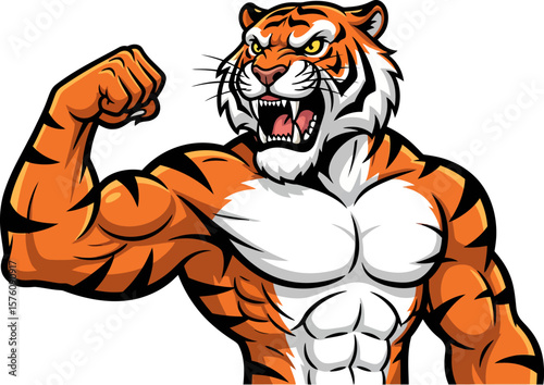 A muscular tiger flexing its bicep, roaring with aggressive energy.