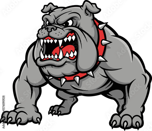 Cartoon illustration of an angry gray bulldog with a red spiked collar, growling with bared teeth.