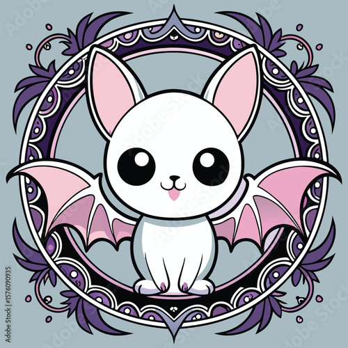Cute white bat with pink wings and purple ornate frame