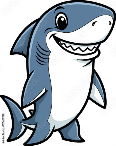 A friendly cartoon shark stands upright, smiling with sharp teeth.
