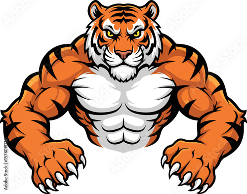 A muscular tiger with prominent musculature, intense gaze, and powerful paws, presented in a cartoonish style.