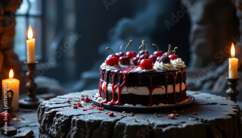 realistic image of a cursed black forest cake with bleeding cherry filling