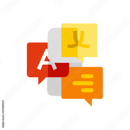 Colorful speech bubbles with language symbols for communication   