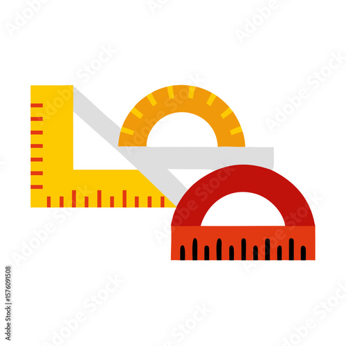 Geometric drawing tools including protractor and ruler in bright colors  