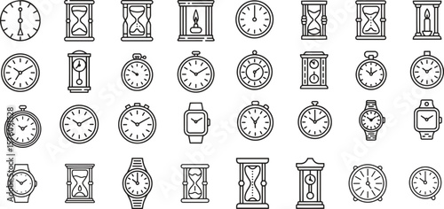 Timekeeping evolution line icons set. Clock, watch, hourglass, history. vector illustration