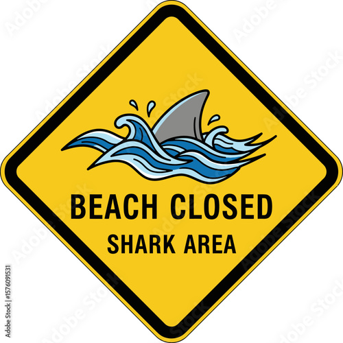 A yellow diamond sign warns "Beach Closed Shark Area" with an illustration of a shark fin in blue waves.