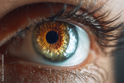 close-up eye detailed brown iris natural light sharp focus skin texture