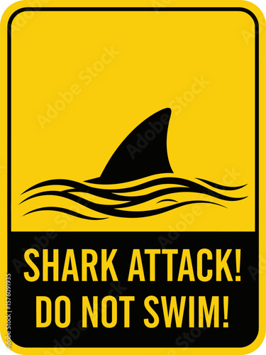 Warning sign depicting a shark fin in the water, advising against swimming due to the risk of shark attack.