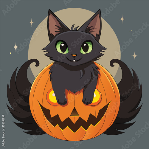 Black cat on carved pumpkin green eyes jack o lantern