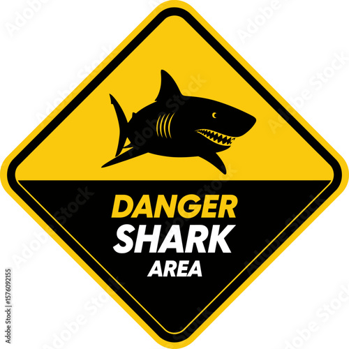 A warning sign featuring a black silhouette of a shark, indicating danger.