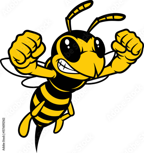 Cartoonish illustration of a yellow and black wasp flexing its fists aggressively.