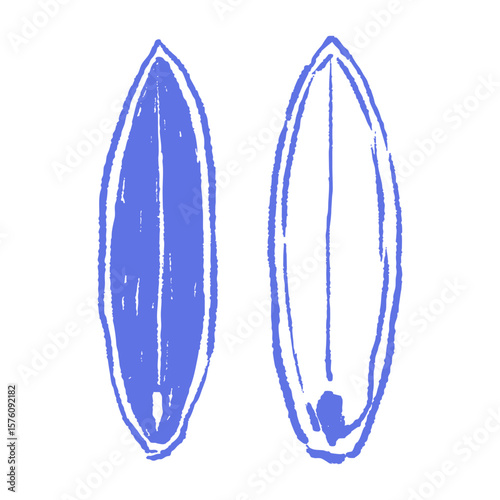 Surfboard duo in hand drawn sketch chalk drawing. Summer doodle travel print icon for beach themes, surf shop branding, ocean sport graphics.