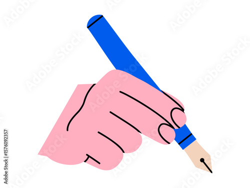 Hand drawn cute illustration hand holding fountain pen. Flat vector school stationery doodle. Creative process. Designer or painter. Signature or autograph. Writing a message sticker, icon. Isolated.