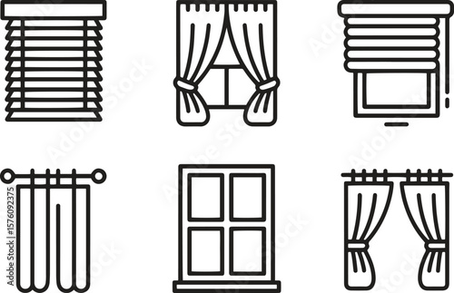 Window Treatment Icon Set Blinds, Curtains, and Windows Vector Illustration