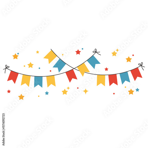 A festive string of colorful bunting flags with star accents creates a celebratory decoration, isolated on white background