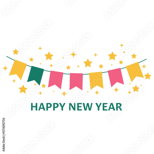 A festive happy new year banner with colorful flags and stars, isolated on white background