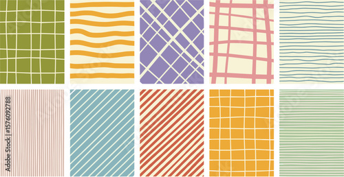 Hand drawn geometric seamless regular patterns set, collection. Doodle, uneven artistic lines, straight and diagonal pinstripes, stripes, bars, streaks, waves. Check, plaid, striped square backgrounds
